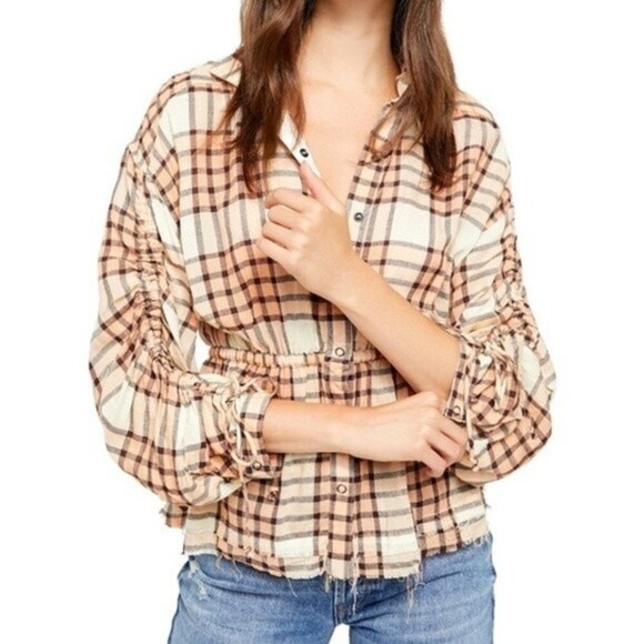 NWT Free People Peach Tree Plaid Peplum Raw Button Boho Tunic - Picture 1 of 6